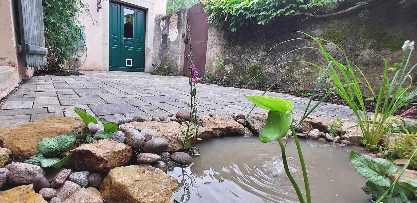 Rénovation de terrasse perméable avec bassin naturel